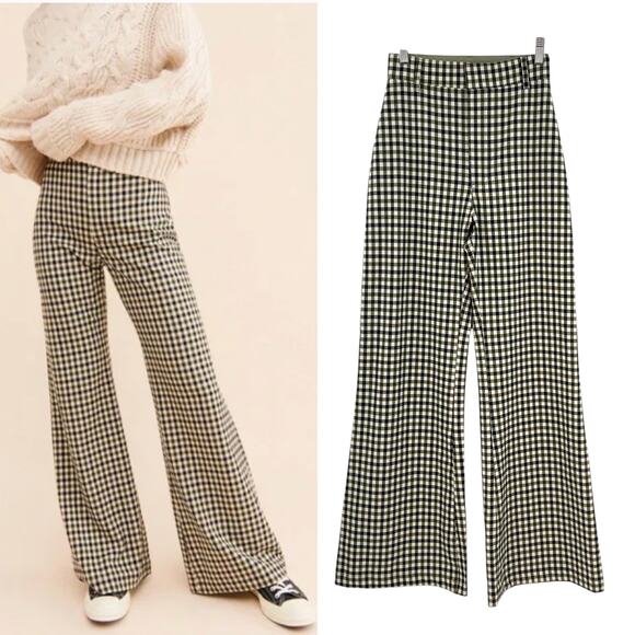 Free People Jules Pants Wide Leg High Waist Gingham Plaid‎ Check Print Size US 2 - Picture 1 of 12
